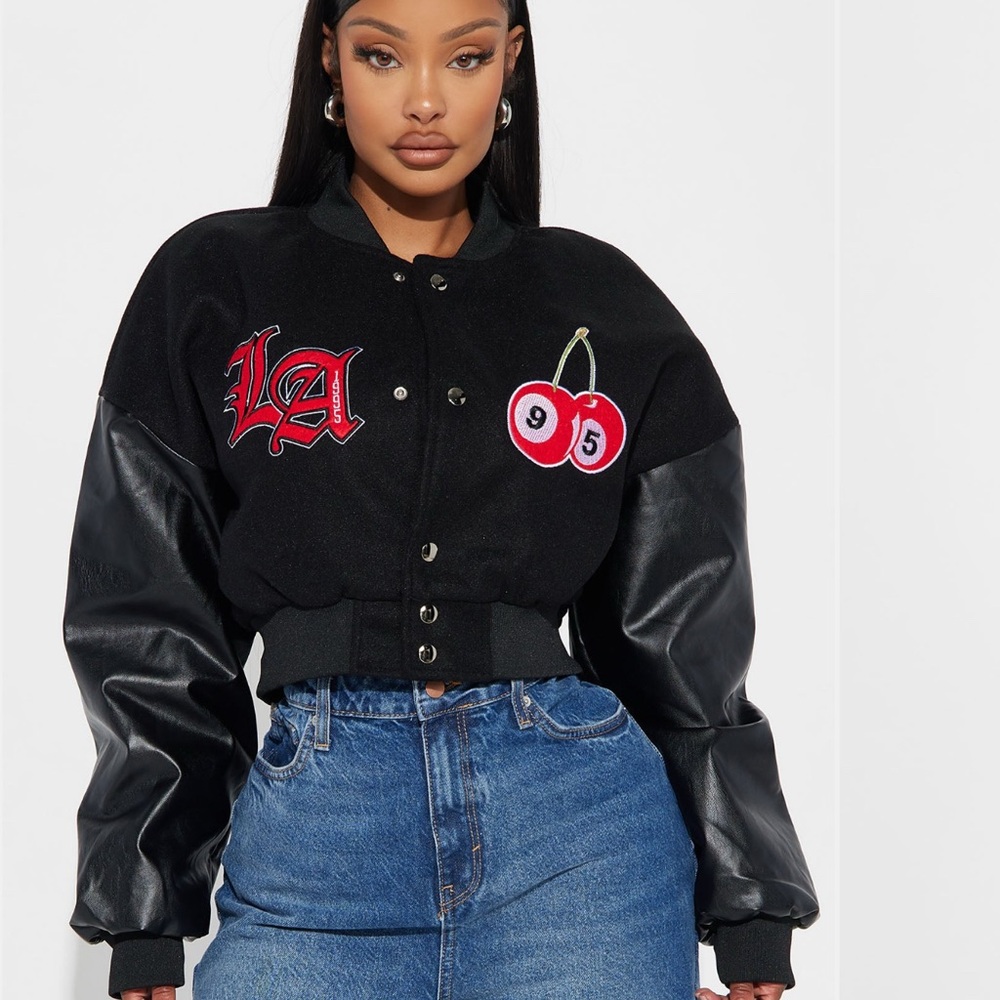 Fashion Nova Black Bomber Jacket with Red Accents - Picture 3 of 4